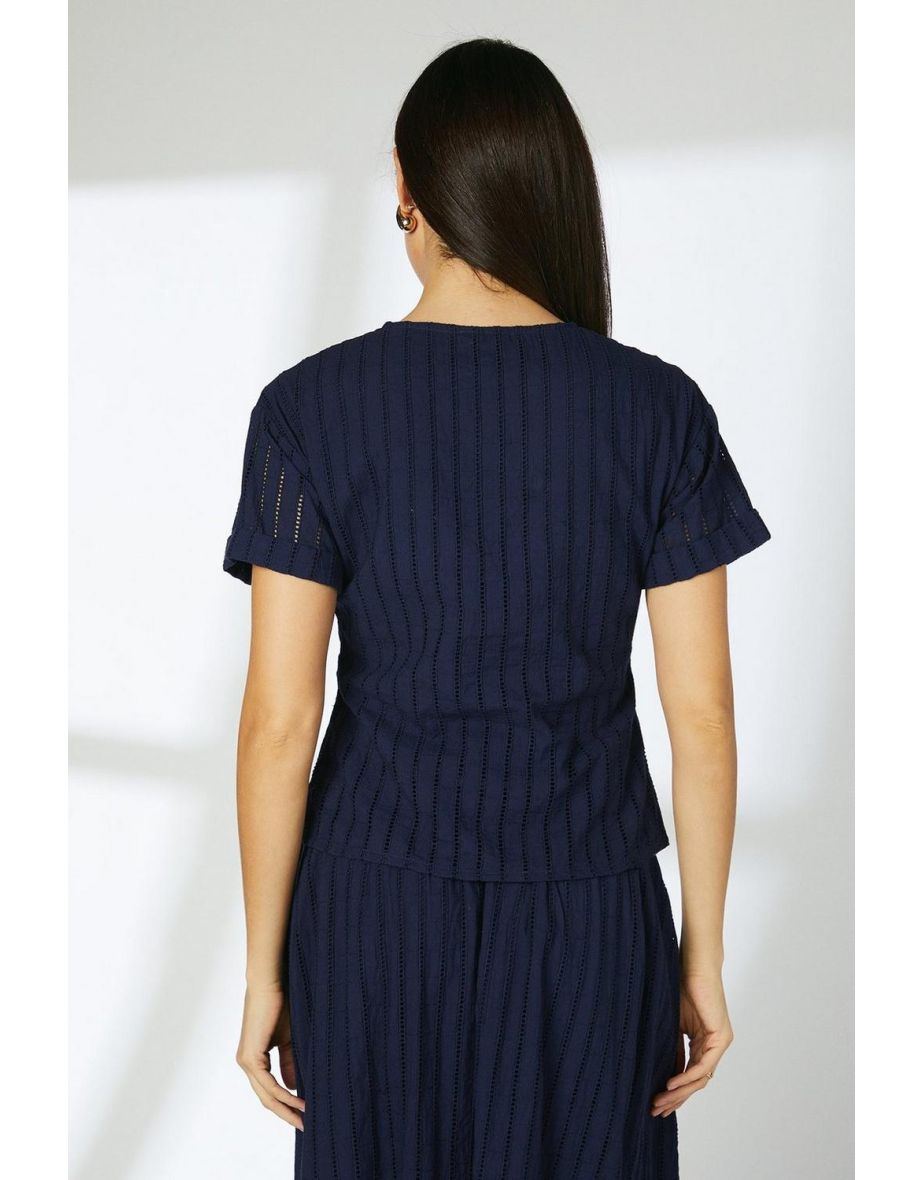 Navy Broderie Cotton T - Shirt - 3
