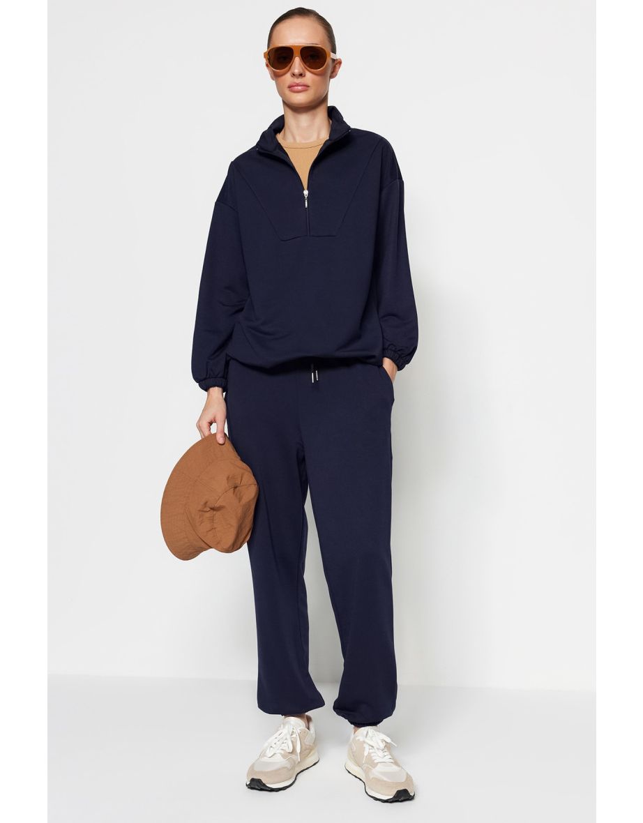 Navy Blue Zipper Stand-Up Collar Hem with Smocking, Knitted Tracksuit Set