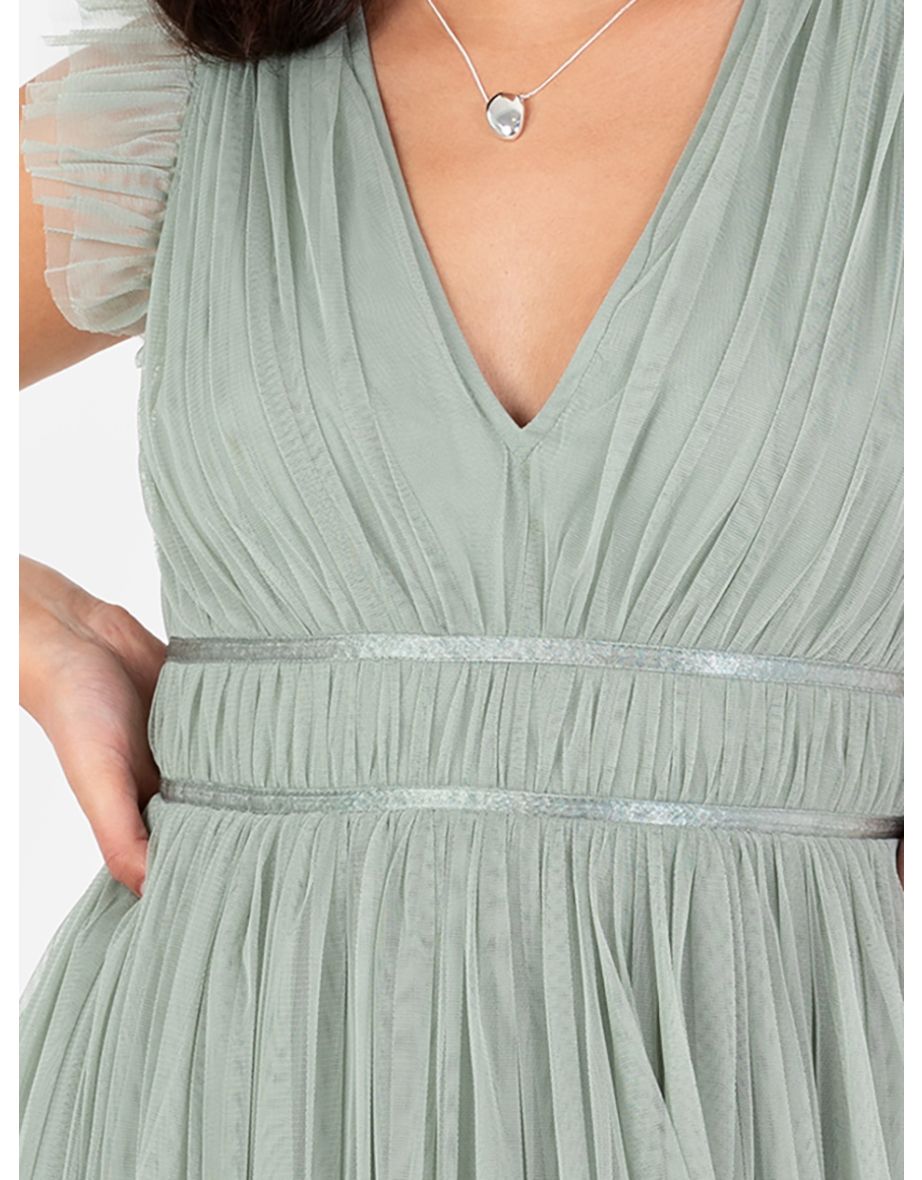 Anaya With Love Recycled Tulle Frosty Green V Neck Flutter Sleeve Maxi Dress - 4