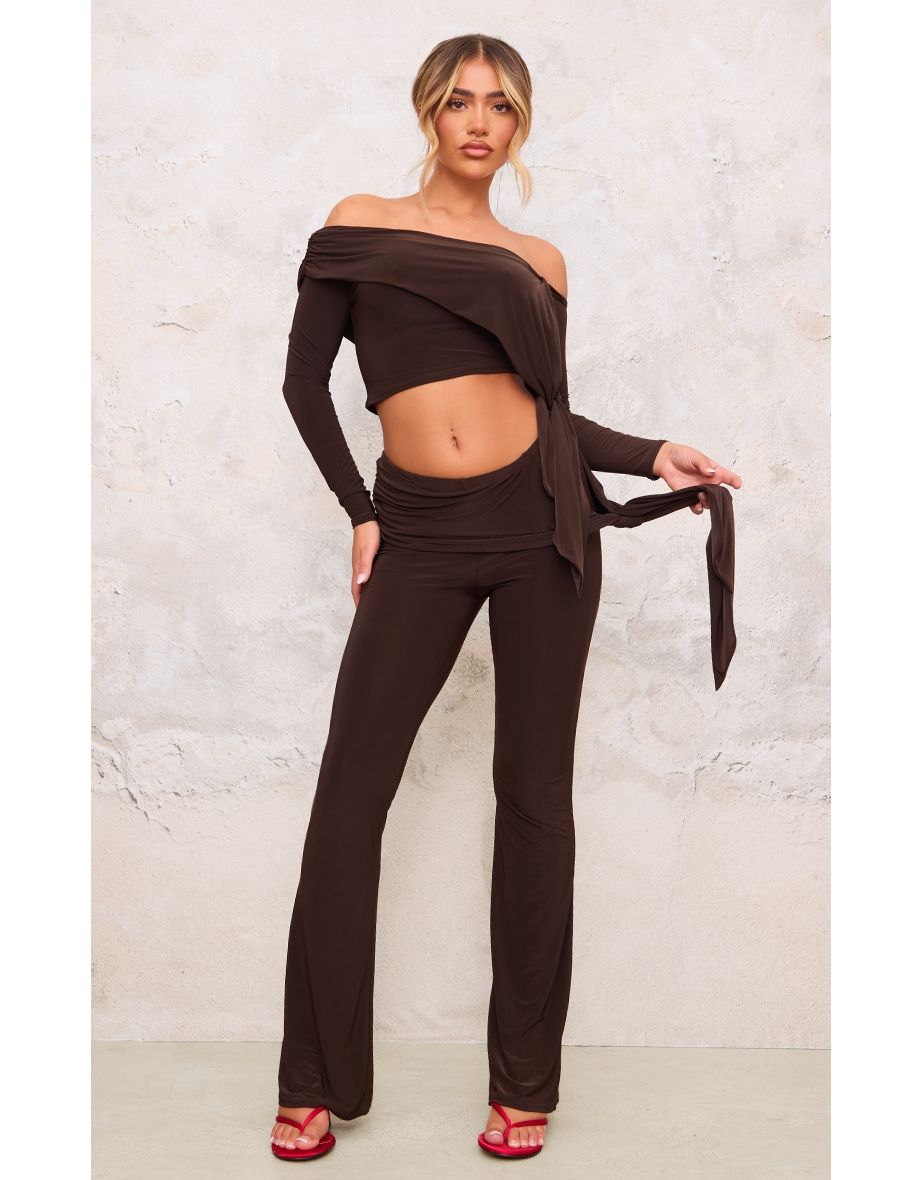 Chocolate Slinky Ruched Tie Detail  Trousers