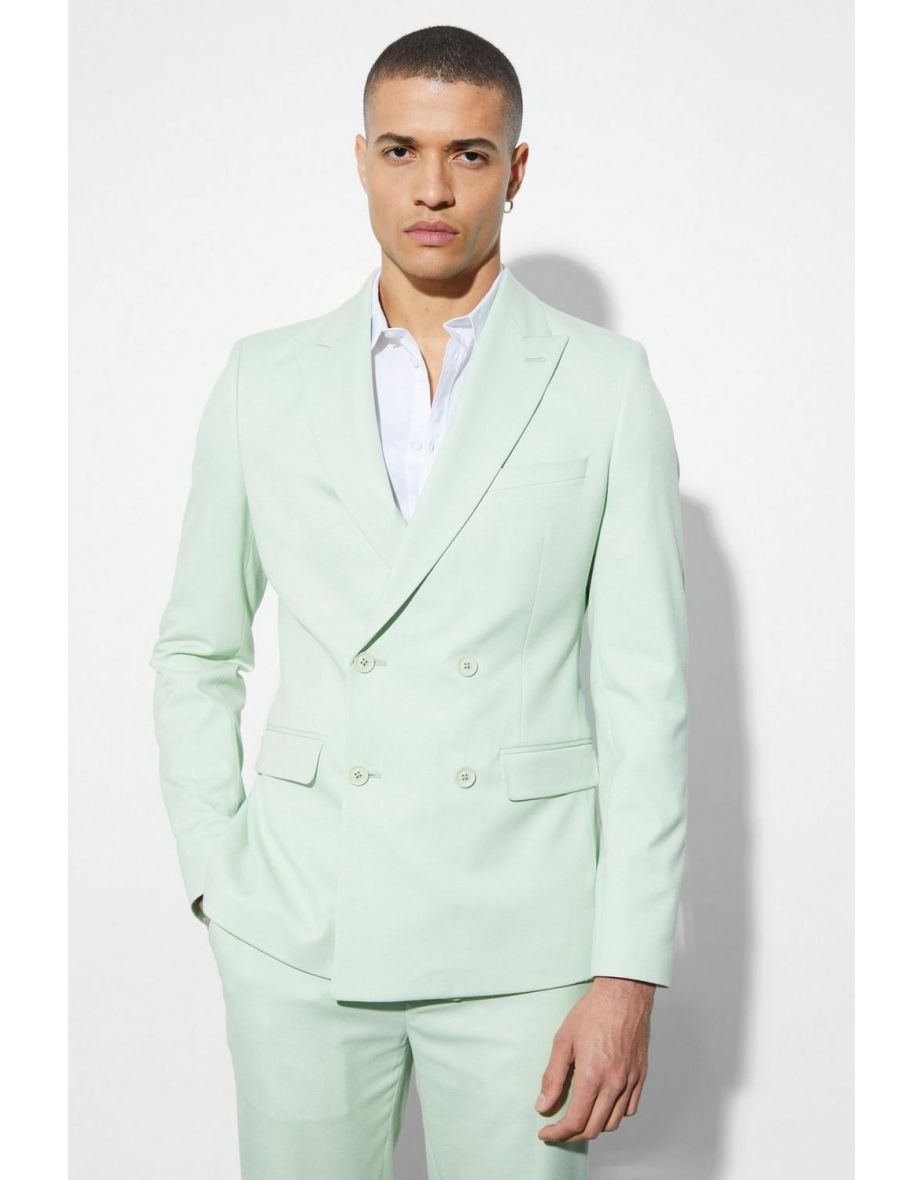 Skinny Double Breasted Linen Suit Jacket - light green