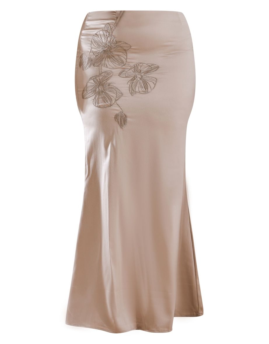 Plus Satin Mermaid Maxi Skirt with Floral Prints - 4