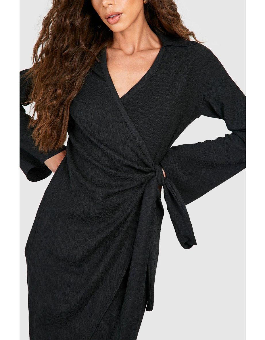 Textured Tie Waist Wrap Midi Dress - black - 3