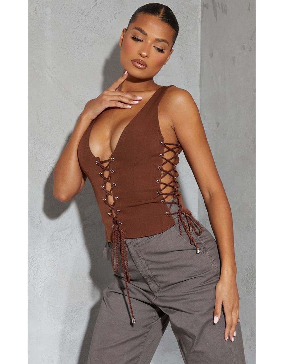 Chocolate Woven Lace Up Detail Plunge Sleeveless Top