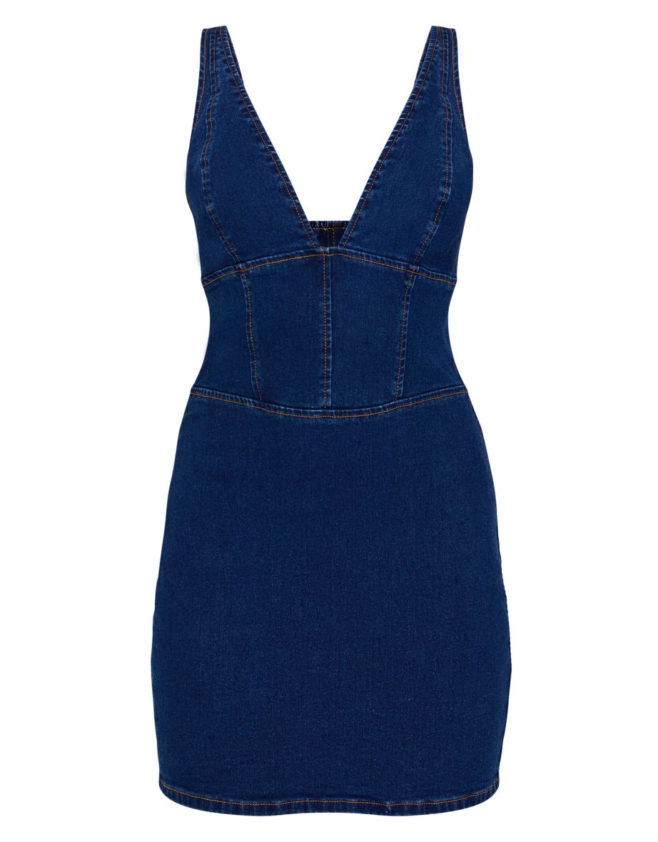 Indigo Plunge Corset Style Denim Mini Dress - 4