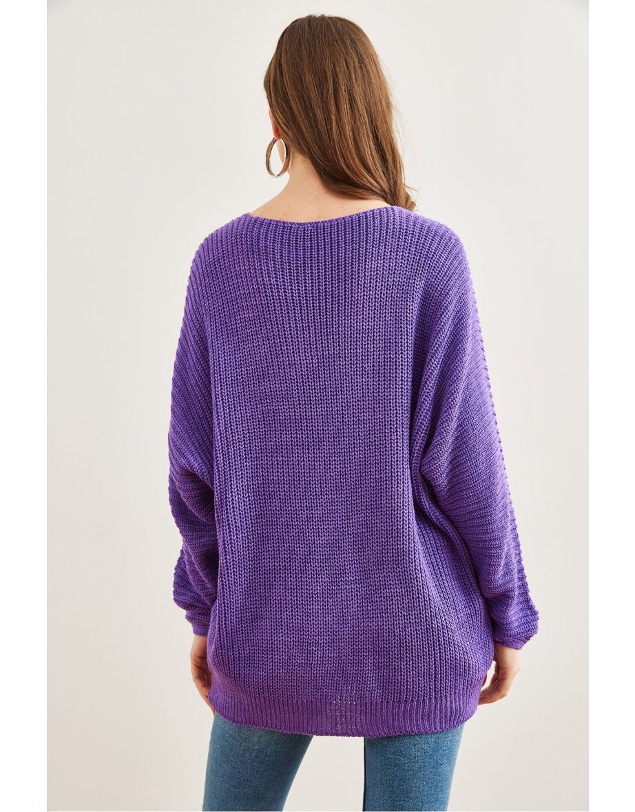 Women's Purple V Neck Selanik Knitting Oversize Knitted Tunic - 5