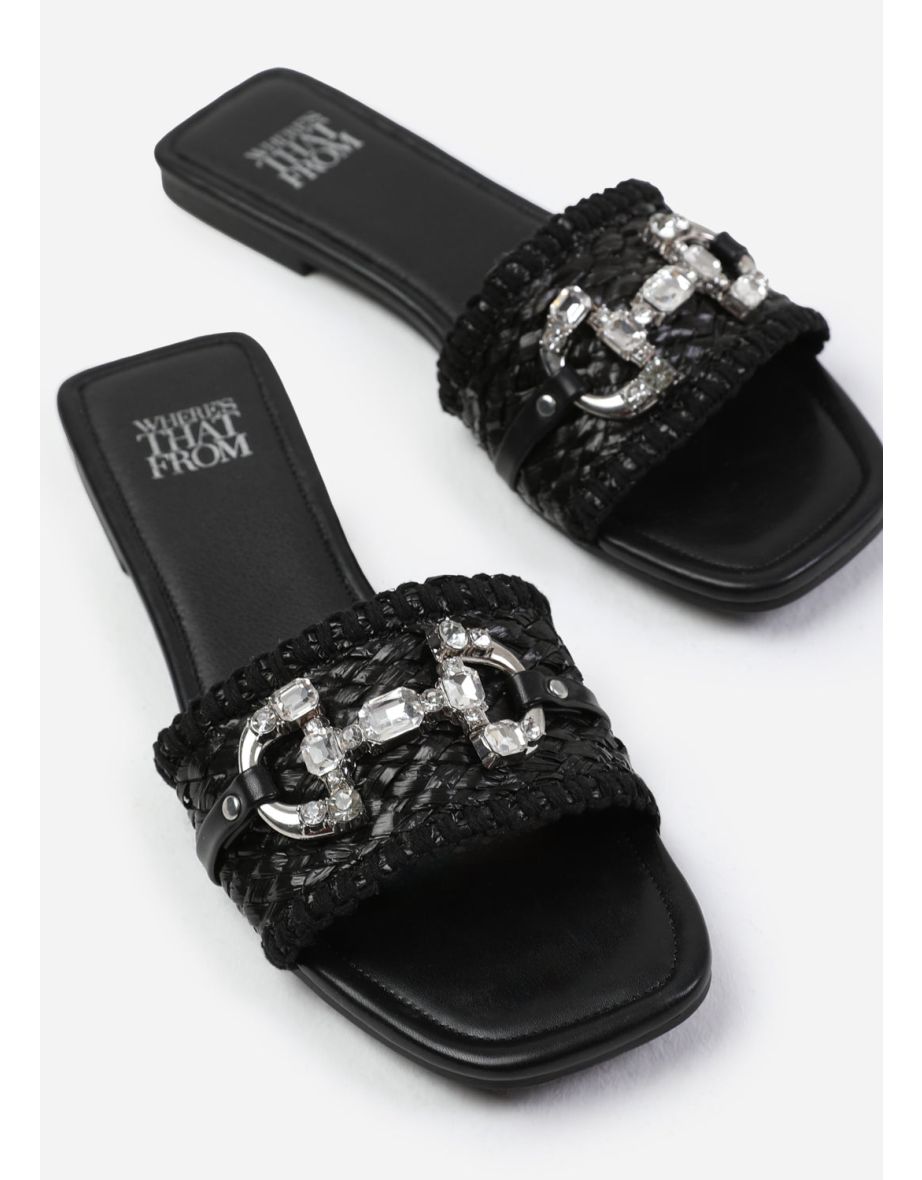 ALIGN JEWEL DETAIL FLAT SANDALS IN BLACK RAFFIA - 2