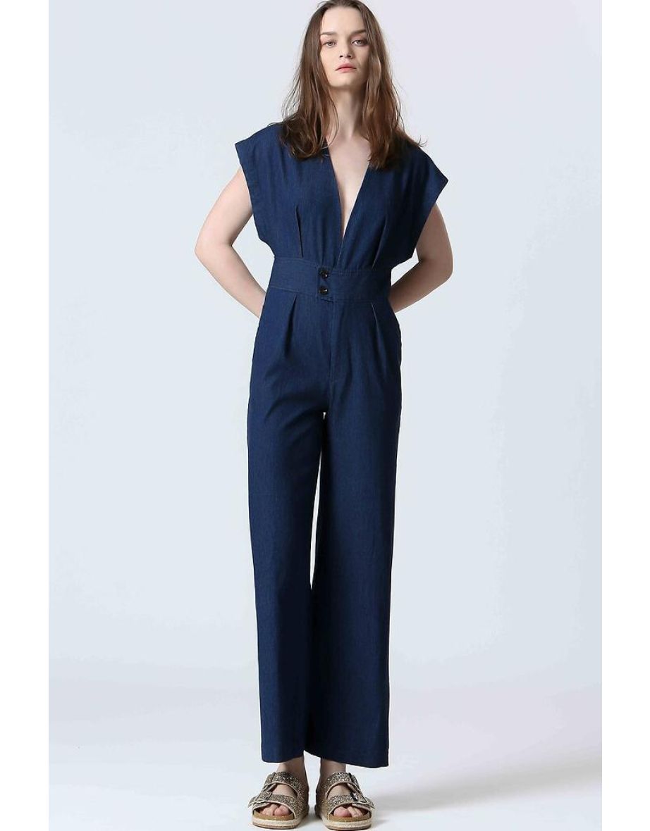 Short-Sleeved Denim V-Neck Jumpsuit