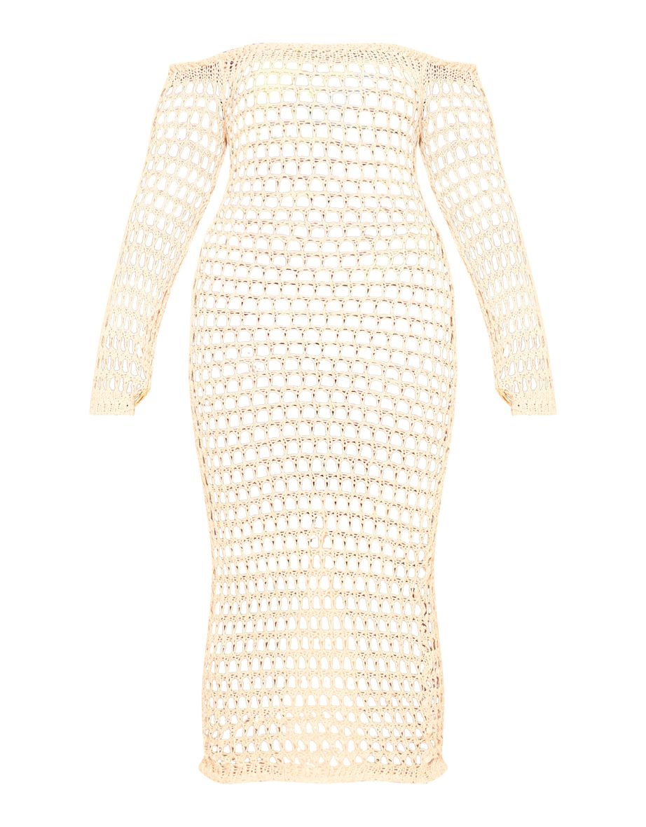 Plus Sand Crochet Lurex Glitter Bardot Long Sleeve Midi Dress - 3
