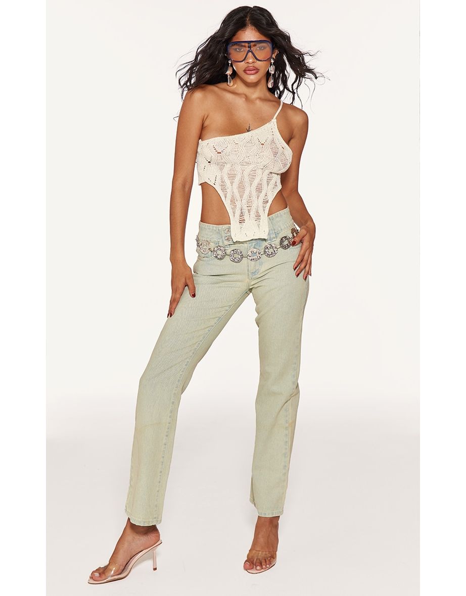 Cream Wave Knit Distressed Detail Asymmetric Top