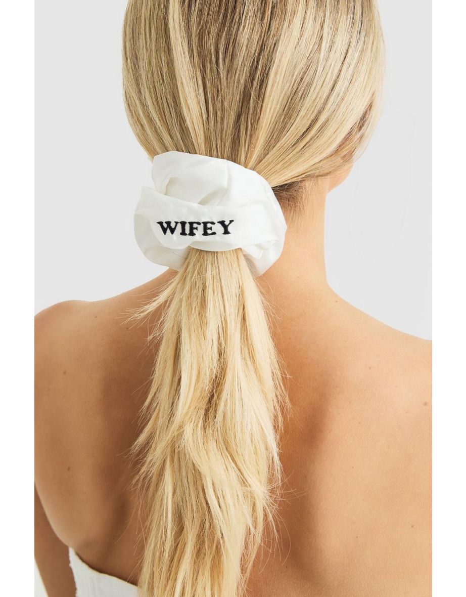 Bridal Wifey Embroidered Satin Scrunchie - white