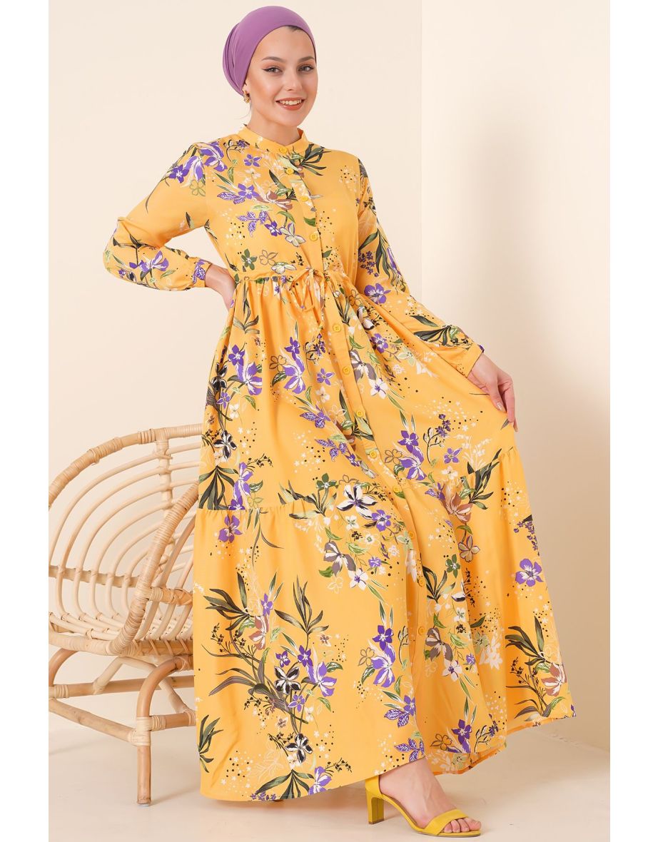 Mustard Patterned Big Collar Hijab Dress