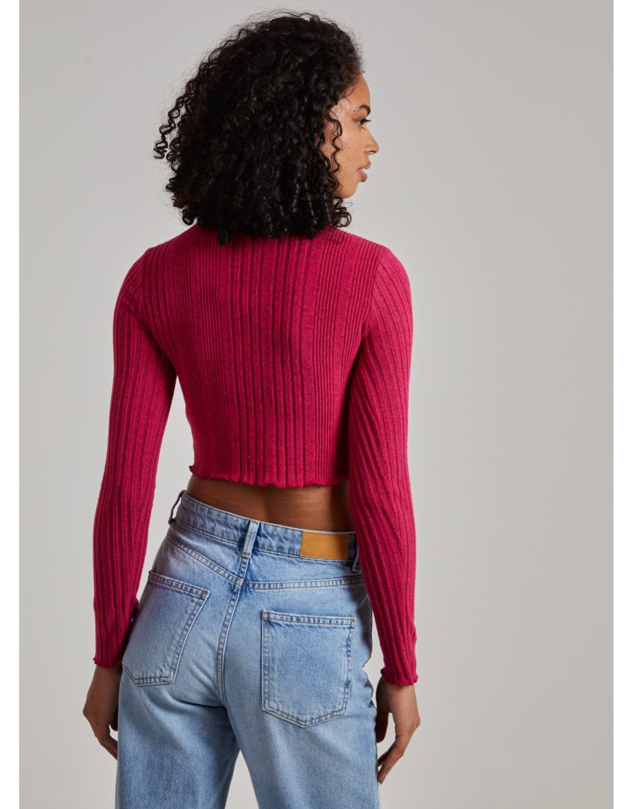 Ribbed Lettuce Hem Long Sleeve Crop Top - 3
