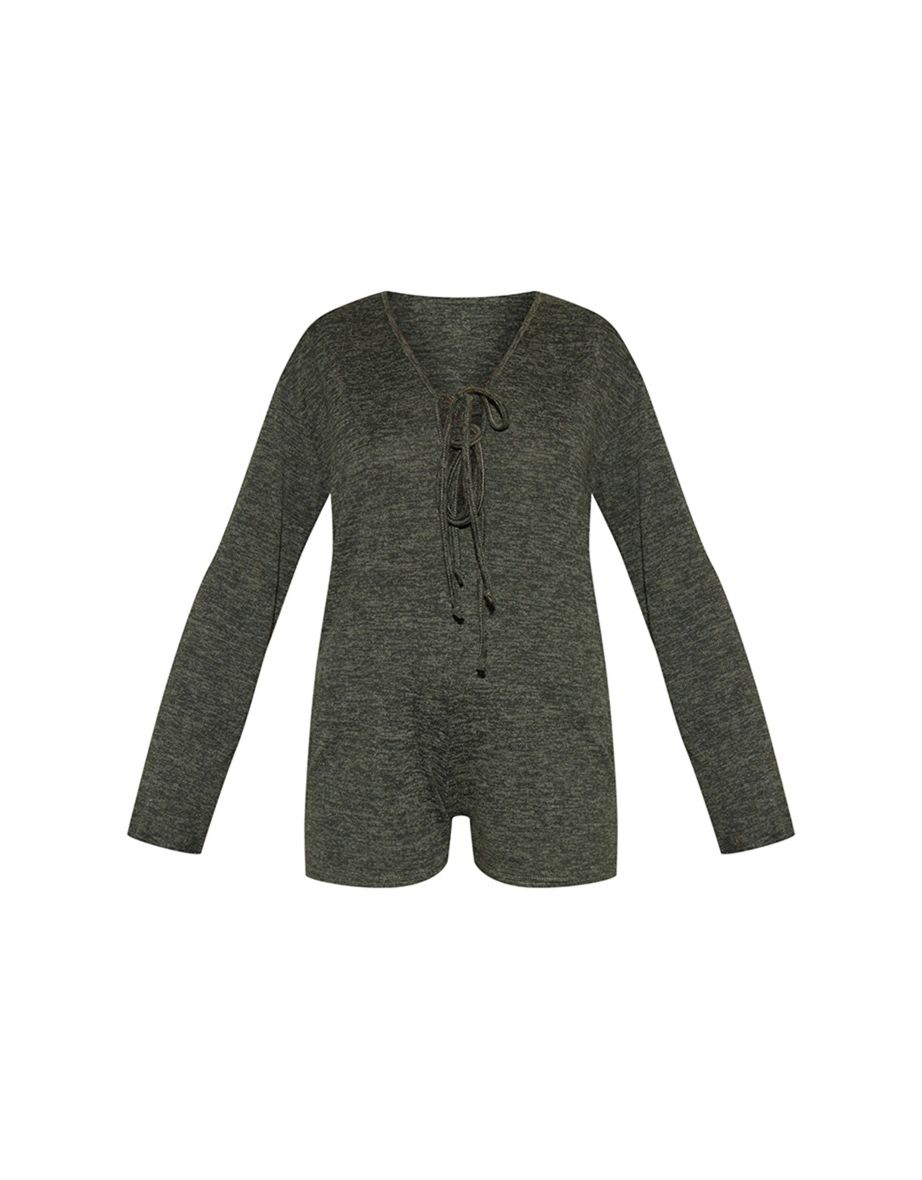 Khaki Brushed Jersey Tie Detail Long Sleeve Playsuit - 4