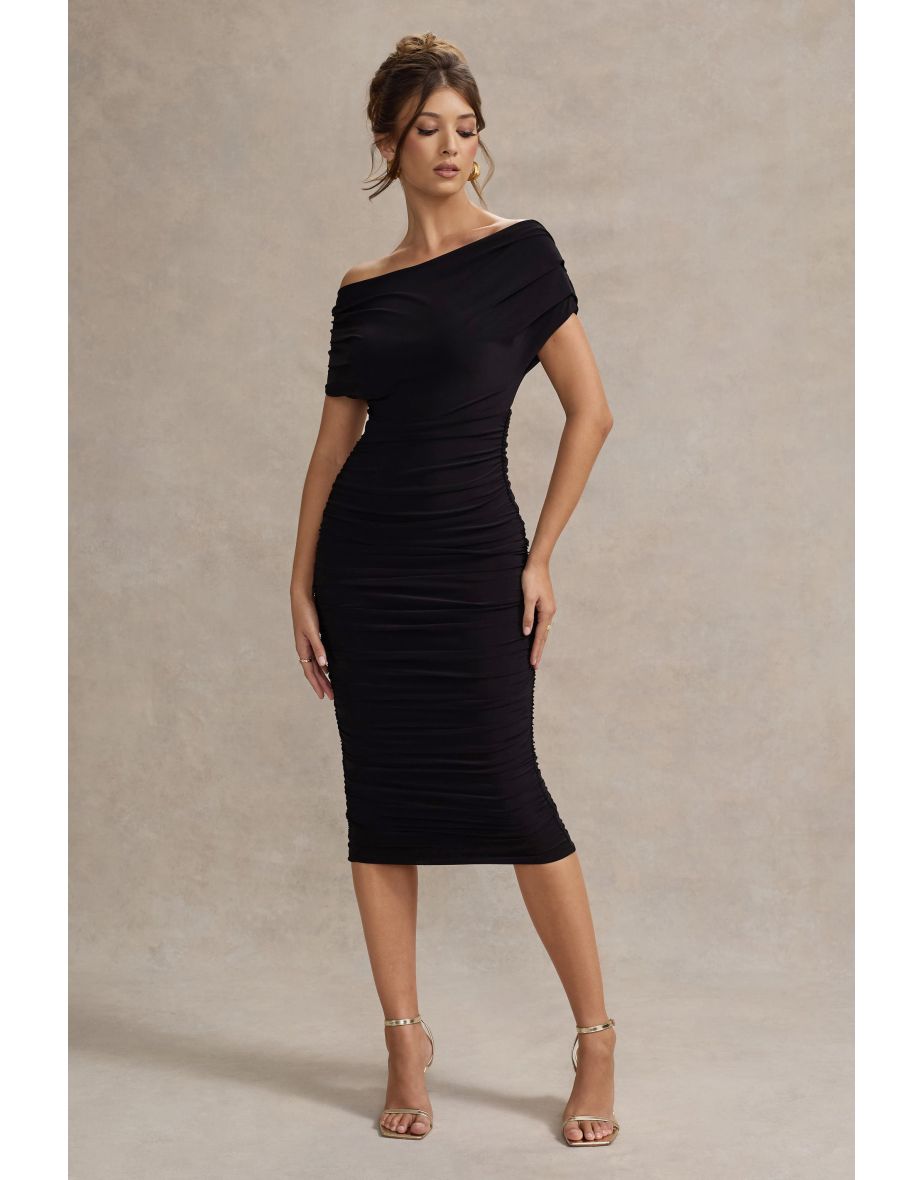 Rayleigh | Black Bardot Ruched Midi Dress - 4