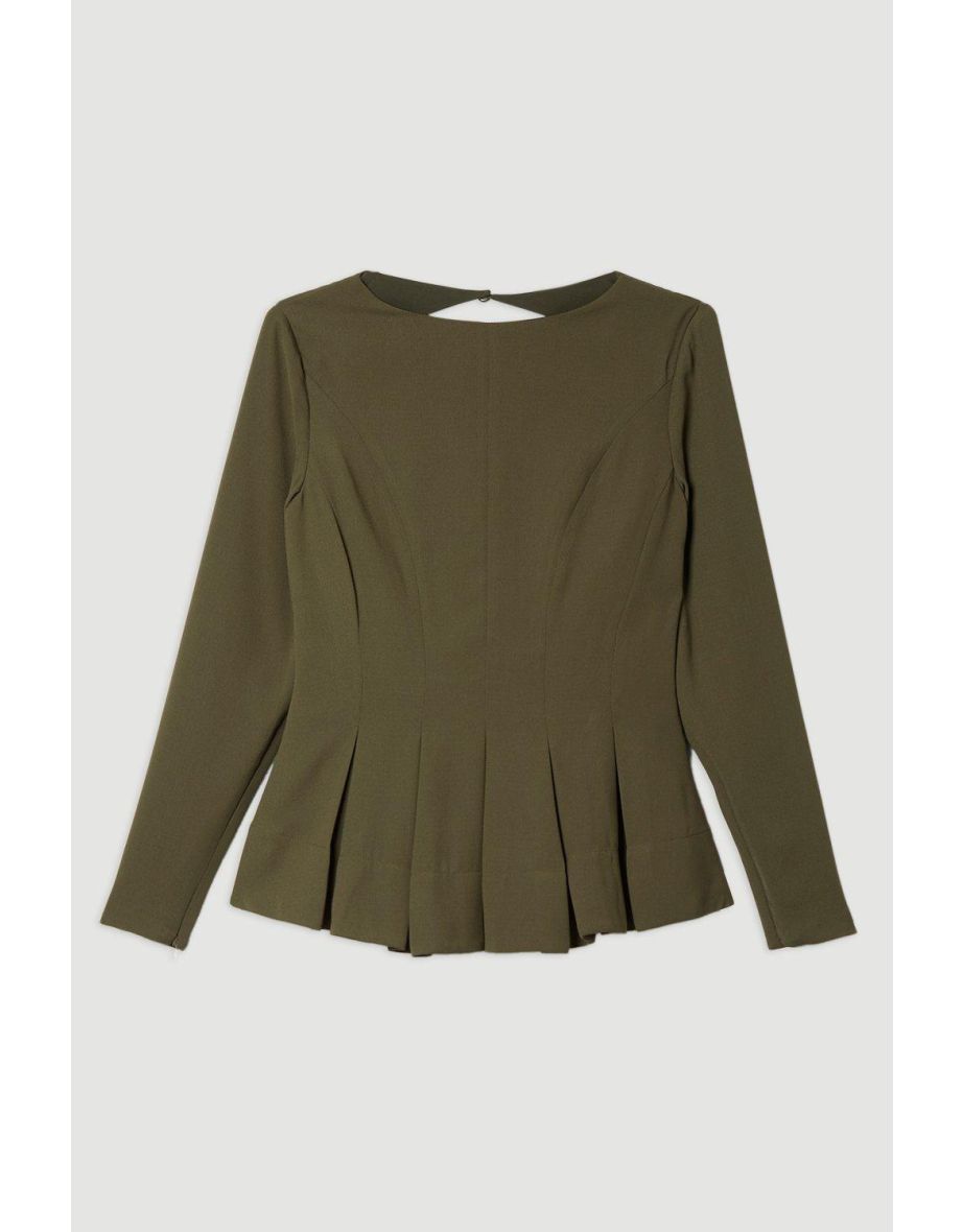 Pleated Long Sleeve Open Back Detail Woven Blouse - 3