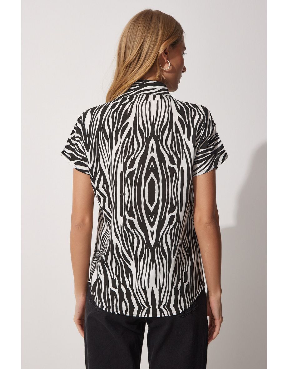 Women's Black and White Short Sleeve Viscose Shirt - 4