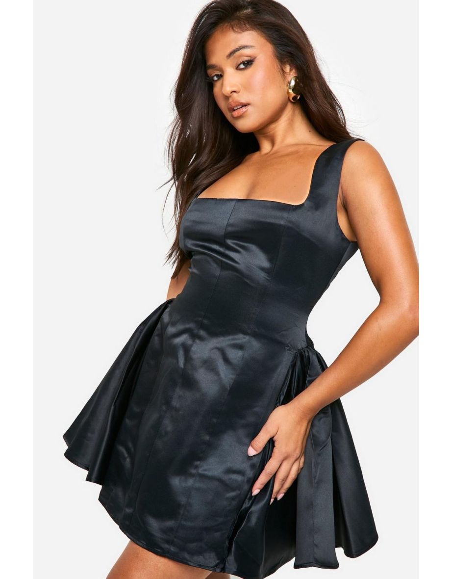 Petite Satin Structured Square Neck Skater Dress - black - 3