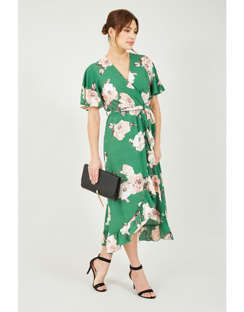 Mela Green Rose Printed Bubble Crepe Wrap Effect Dress