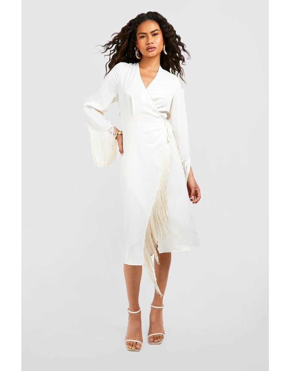 Shop Wrap Tassel Detail Midi Dress cream Online in Bahrain VogaCloset