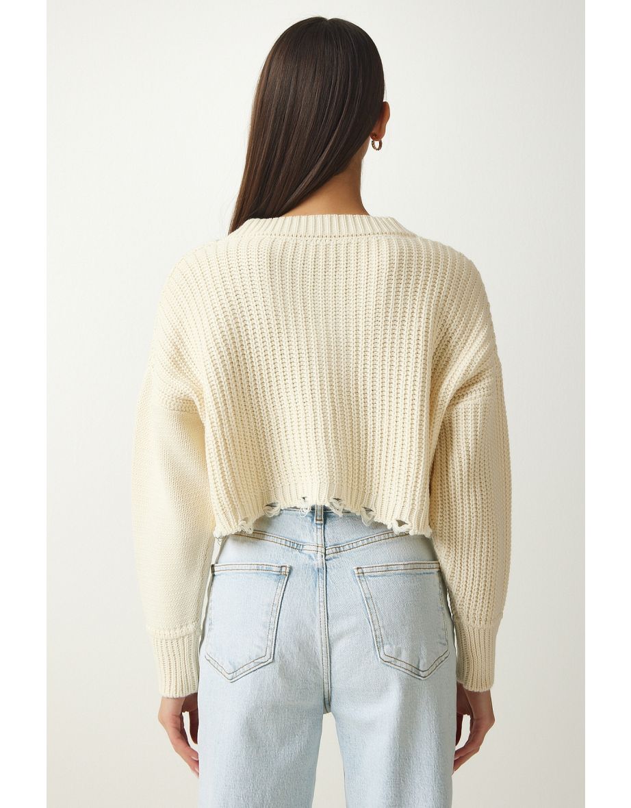 Women's Cream Ripped Detailed Buttoned Crop Knitwear Cardigan - 5