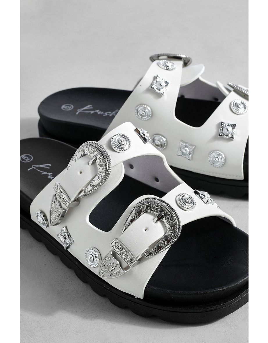 Chunky Western Metal Trim Footbed Slider - white - 3