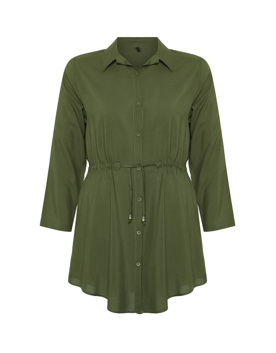 Khaki Plus Size Foldable Woven Shirt with Gathered Waist