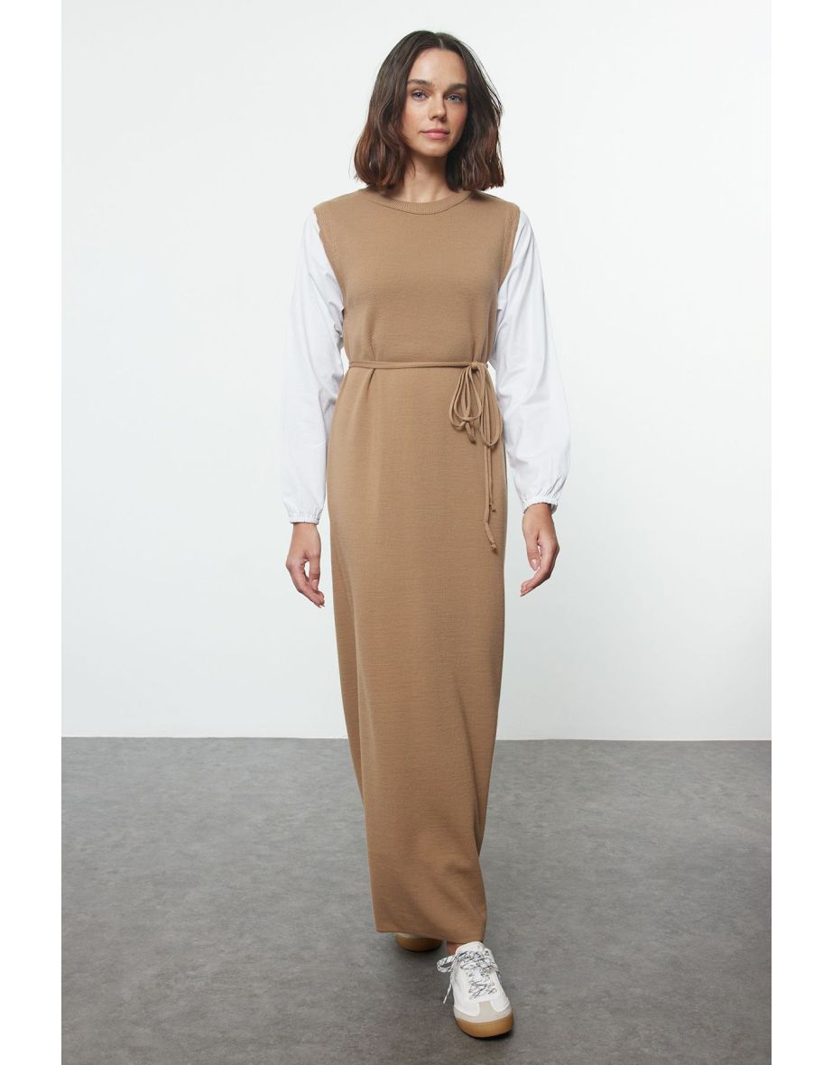 Light Beige Sleeves Woven Piece Detailed Waist Tied Knitwear Dress