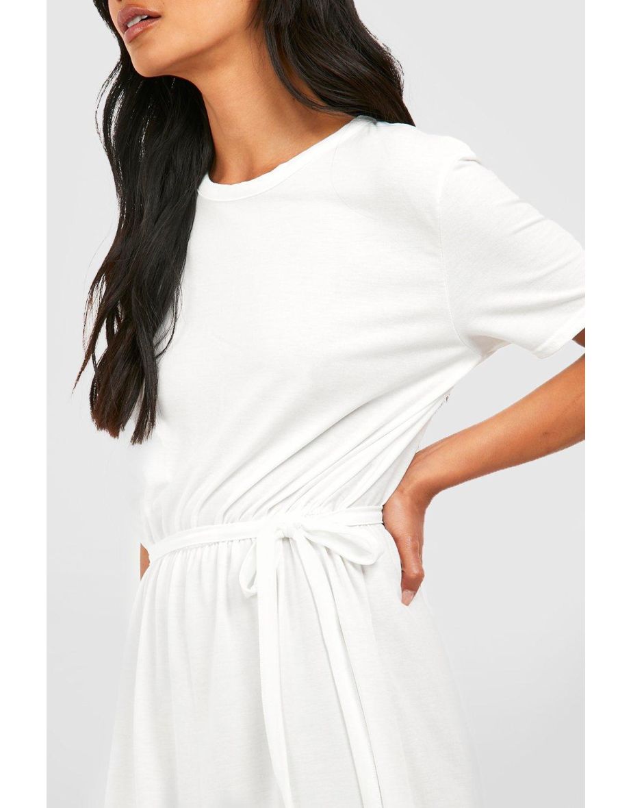 Belted T-shirt Dress - white - 3
