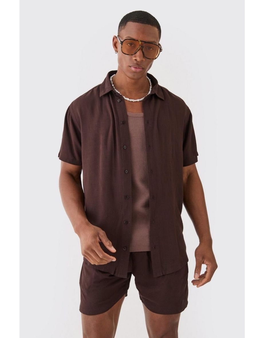 Short Sleeve Cheese Cloth Shirt And Short Set - brown - 2