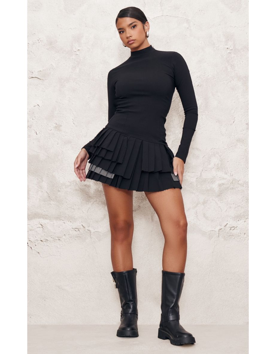 Black Stretch Woven Extreme Pleated Long Sleeve Shift Dress