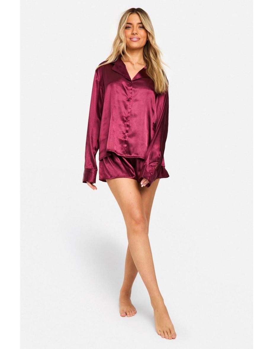 Satin Button Through Shirt & Shorts Pyjama Set - burgundy