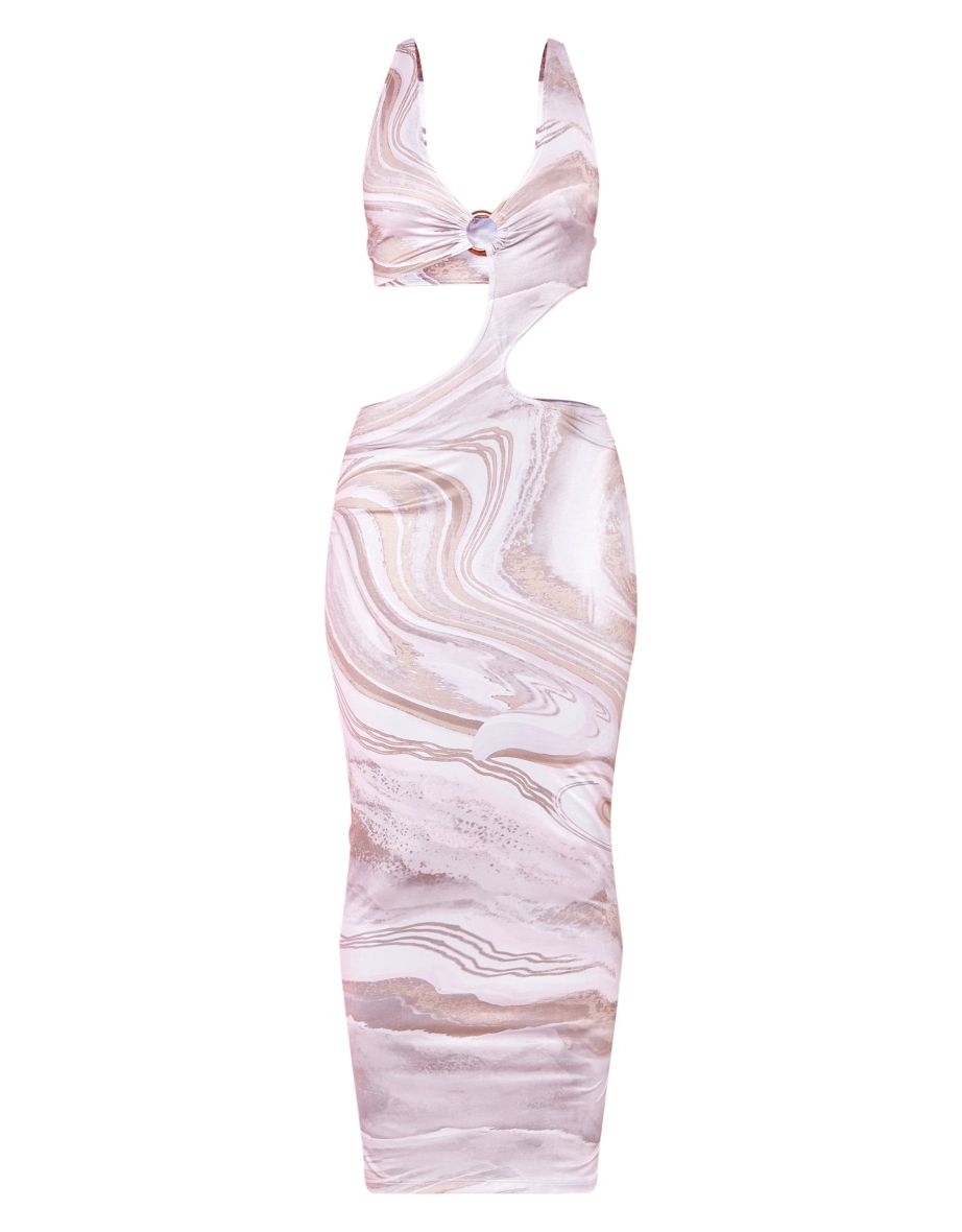 Stone Marble Print Slinky Ring Detail Cut Out Midaxi Dress - 4