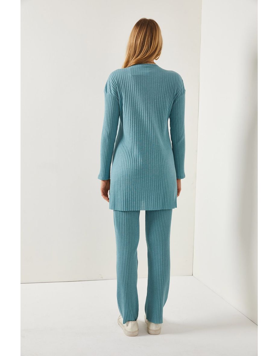 Women's Mint Green Top Slit Blouse Bottom Palazzo Ribbed Suit - 3