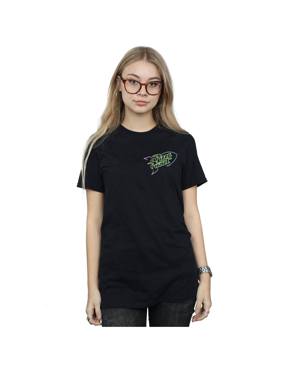 Disney Womens/Ladies Toy Story Neon Pizza Planet Breast Print Cotton Boyfriend T-Shirt - Black