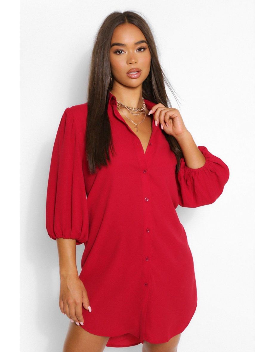 Puff Sleeve Oversized Shirt Dress - berry
