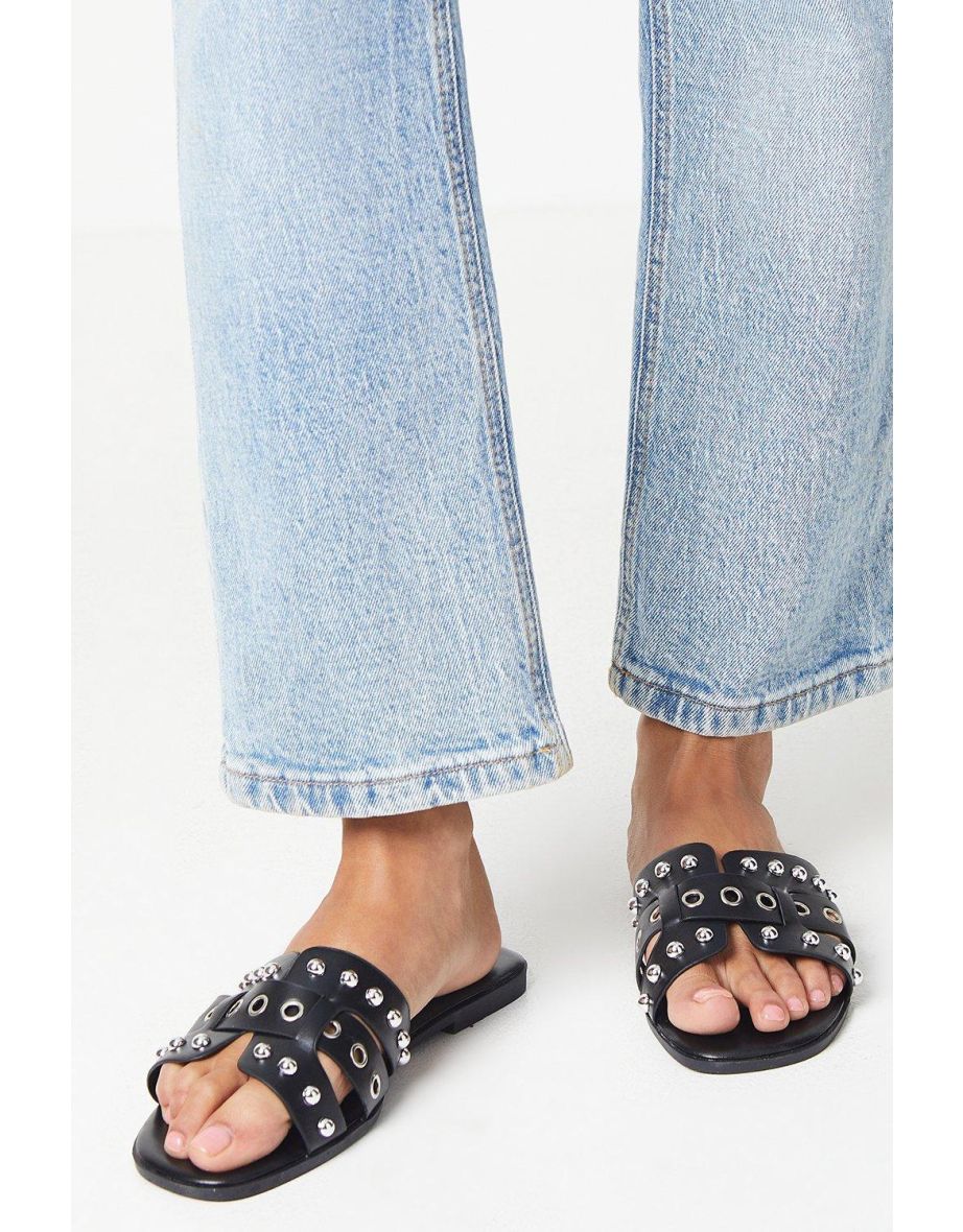 Wide Fit Follie Stud Detail Flat Slider Sandals