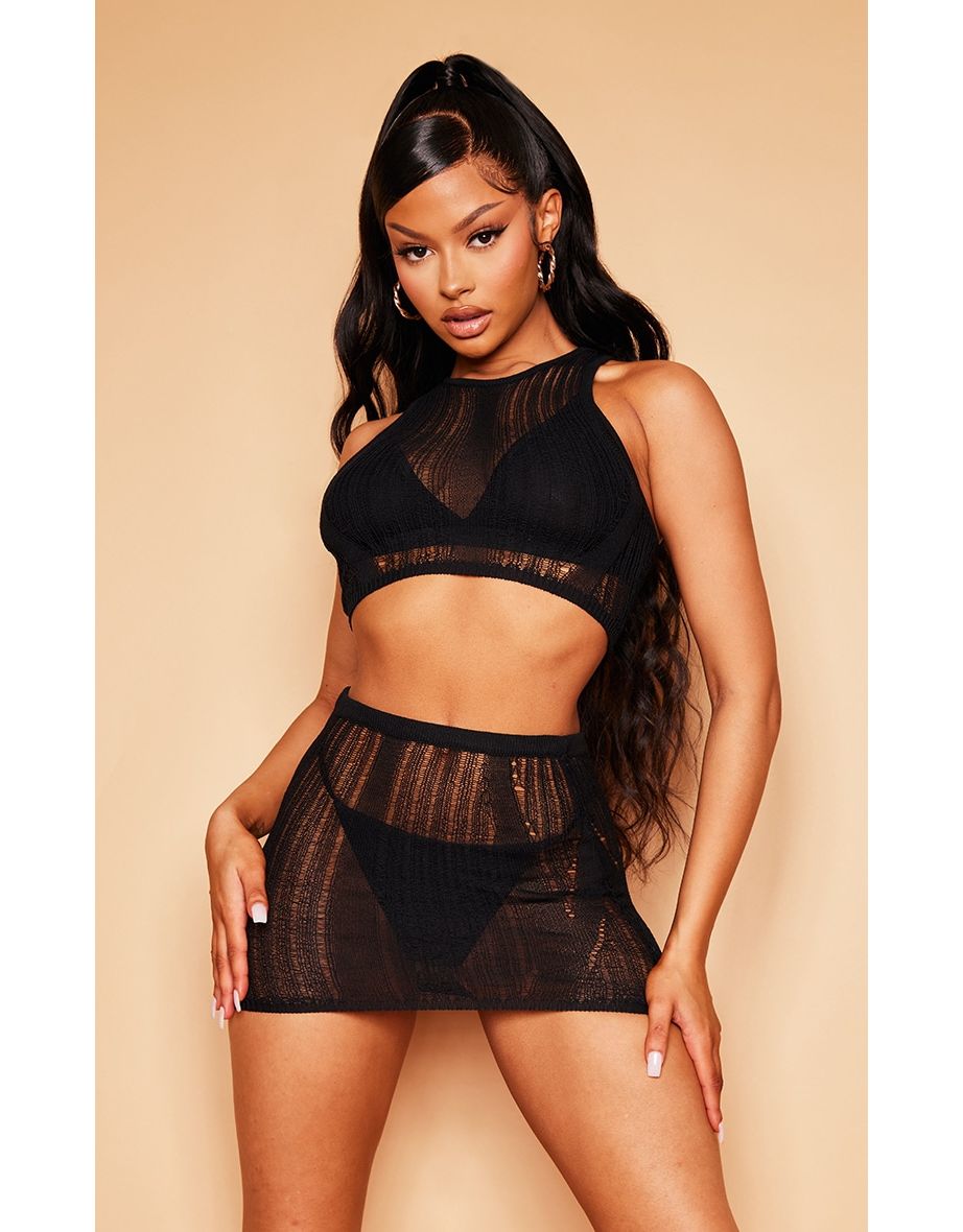 Black Sheer Knit Racer Neck Top