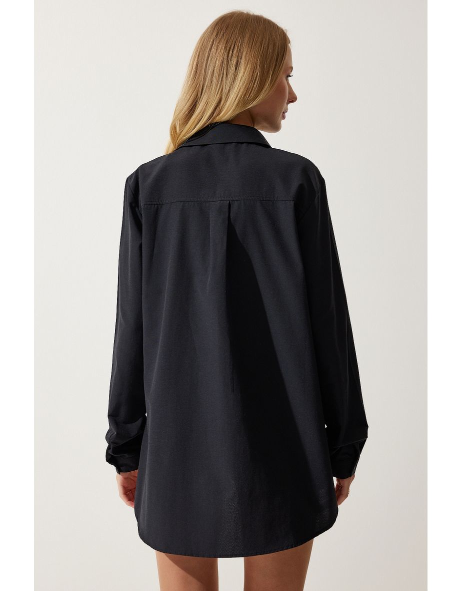 Women's Black Slit Poplin Boyfriend Shirt - 3