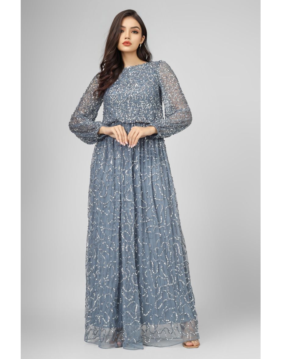 Melissa Long Sleeve Embellished Maxi Dress in Blue - 4