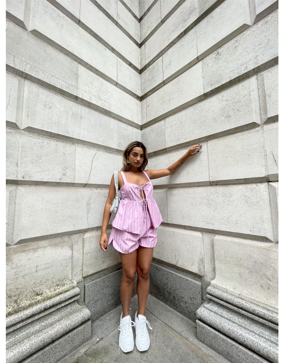 Pink Vertical-Stripe Side Split Shorts - 3