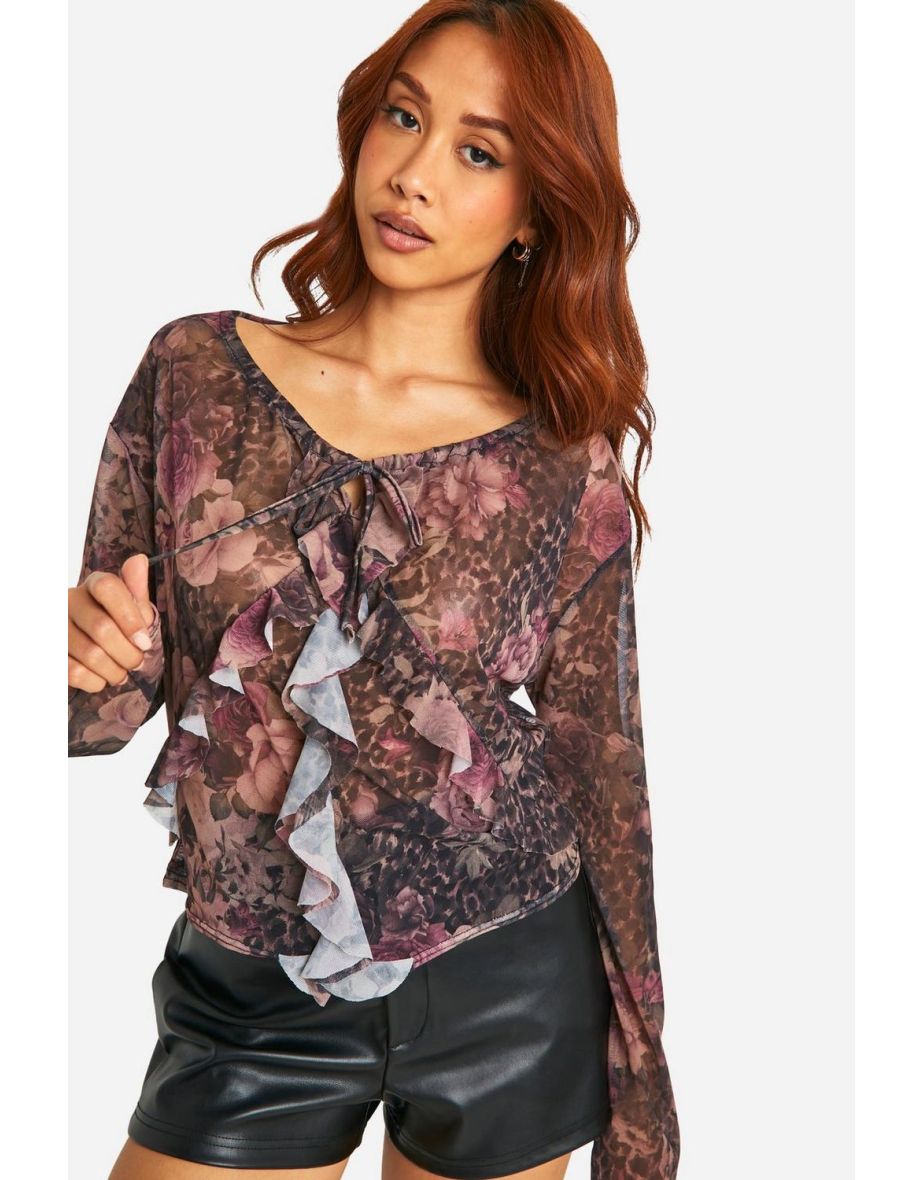 Mesh Frill Front Long Sleeve Top - 3