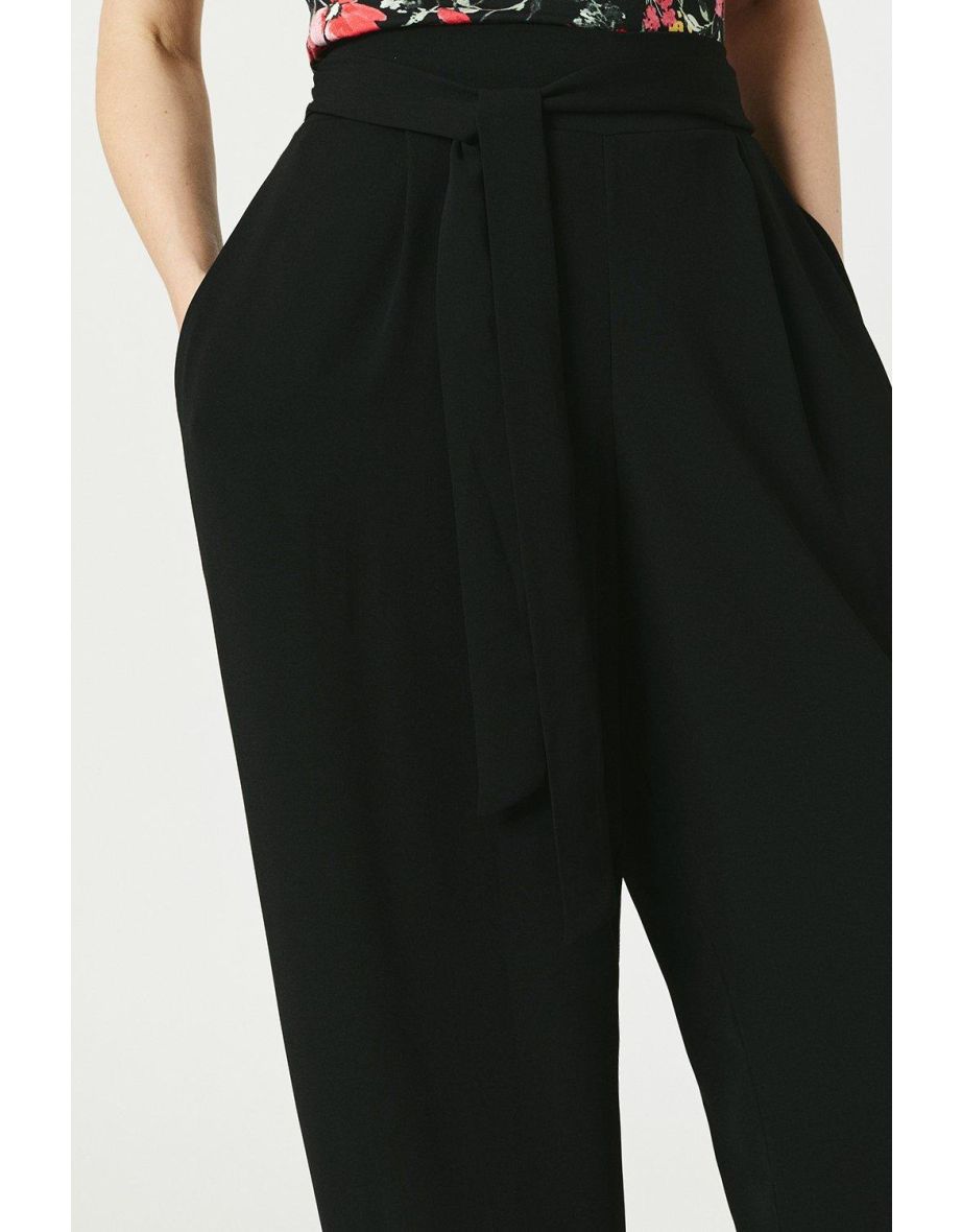 Elasticated Back Tie Waist Wide Leg Trouser - black - 2