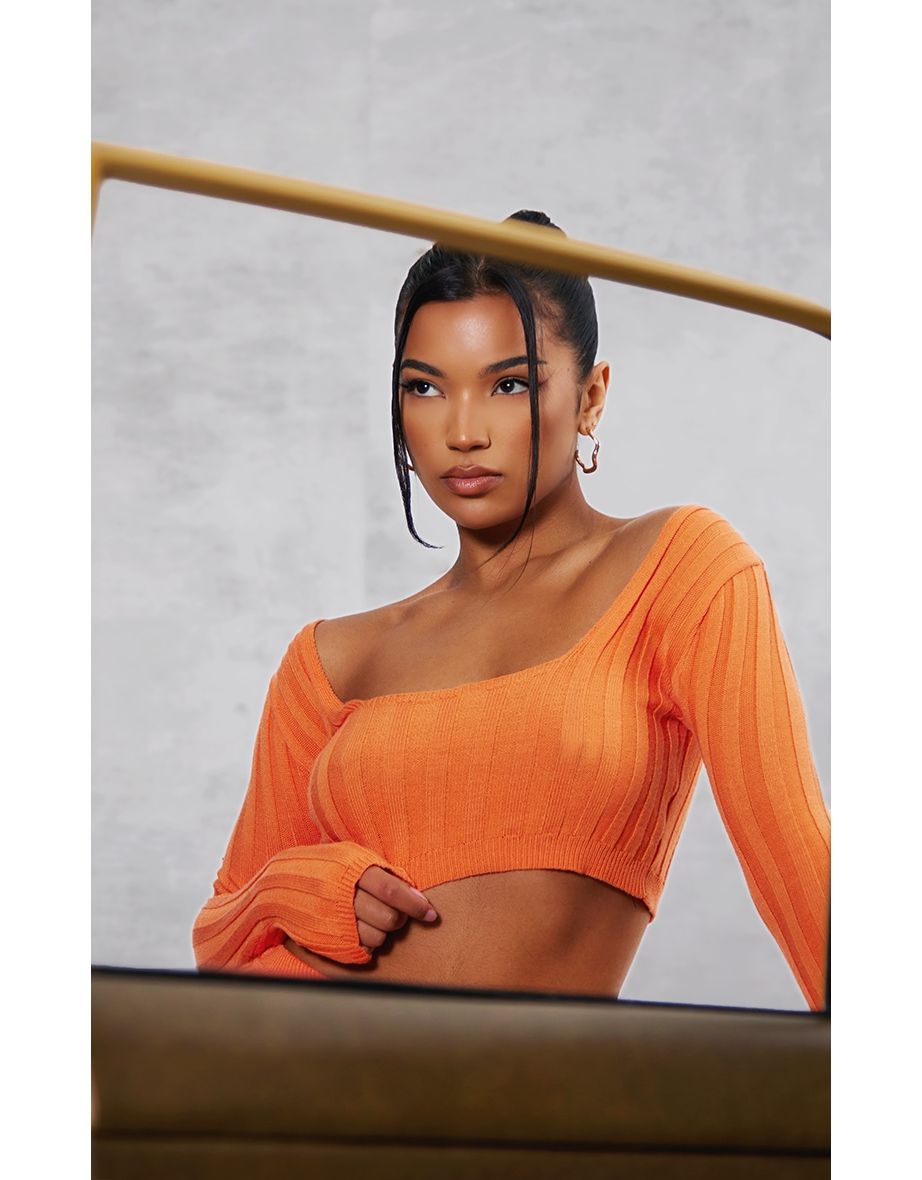 Orange Wide Rib Knit Square Neck Top