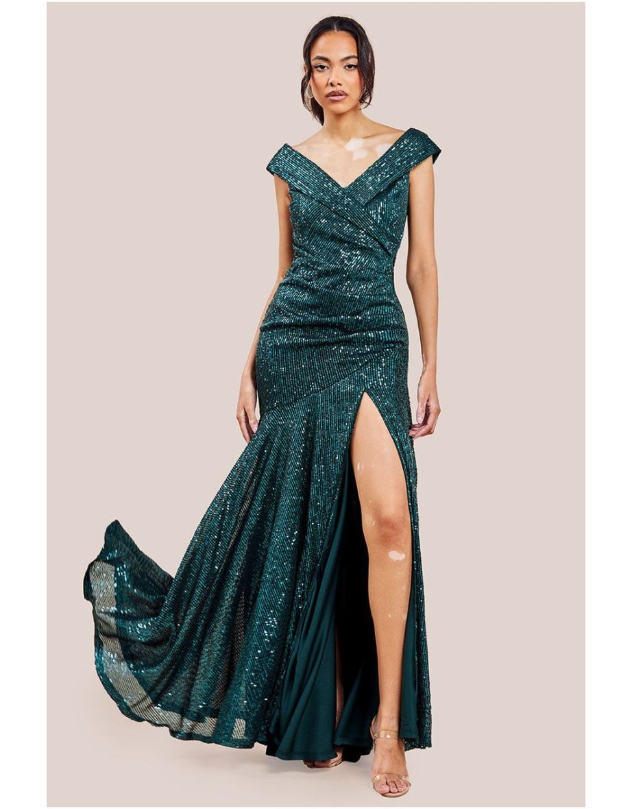Goddiva Bardot Sequin Pleated Maxi Dress - Emerald Green