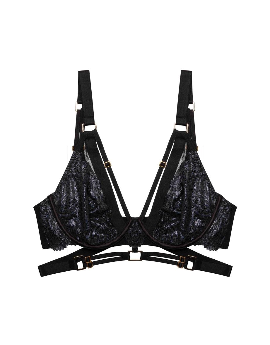 Tabitha Black Wet-Look Lace Plunge Bra - 7