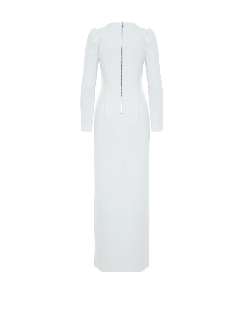 Embroidery Detail Ruched Sleeve Ecru Long Evening Dress - 2