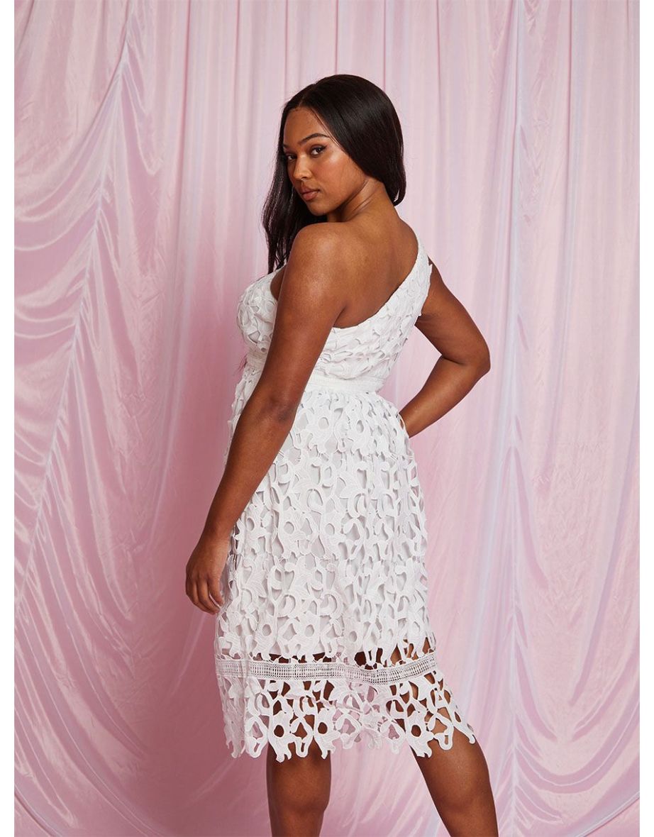 One Shoulder Premium Lace Midi Dress in White - 3