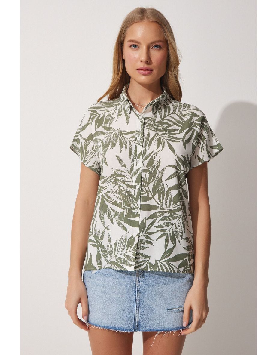 Women's Turquoise Floral Print Short Sleeve Viscose Shirt