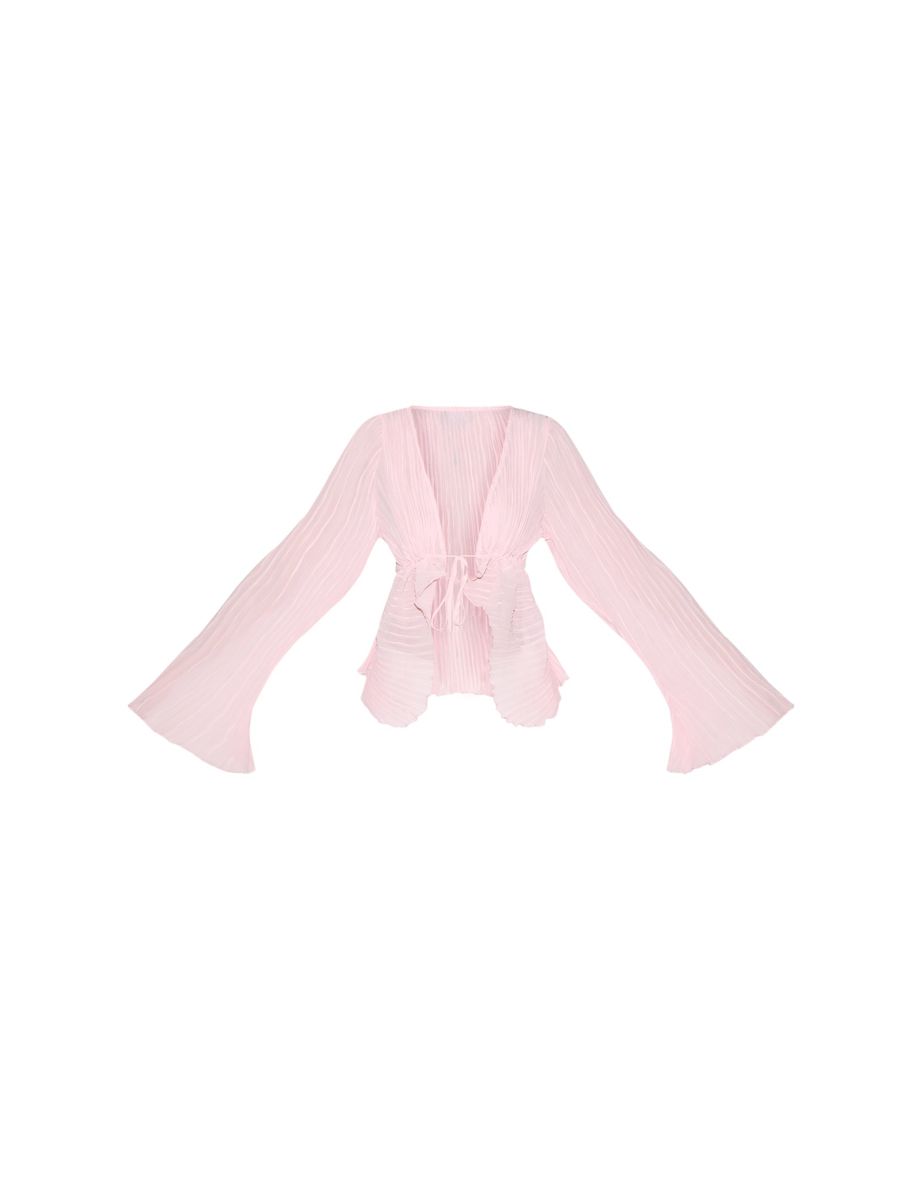 Pale Pink Sheer Plisse Tie Front Flute Sleeve Blouse - 4